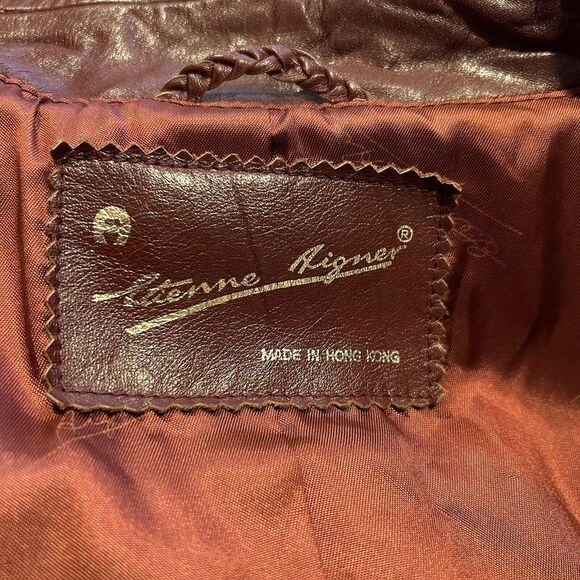 Vtg Etienne Aigner OXBLOOD Leather Double Breasted NORFOLK Belted Back Jacket 42 - Picture 7 of 7